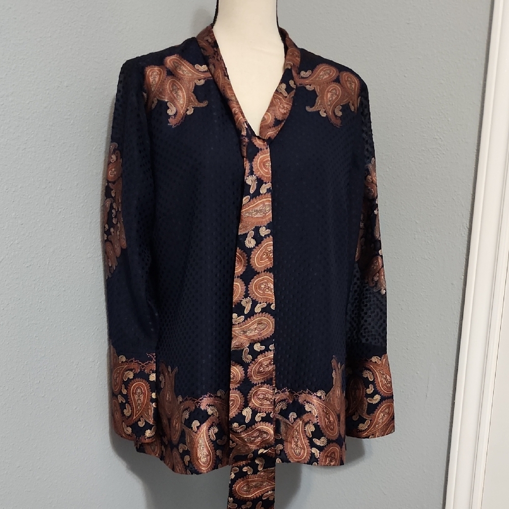 Chico's Navy Blouse with Brown Paisley Accent Tie
